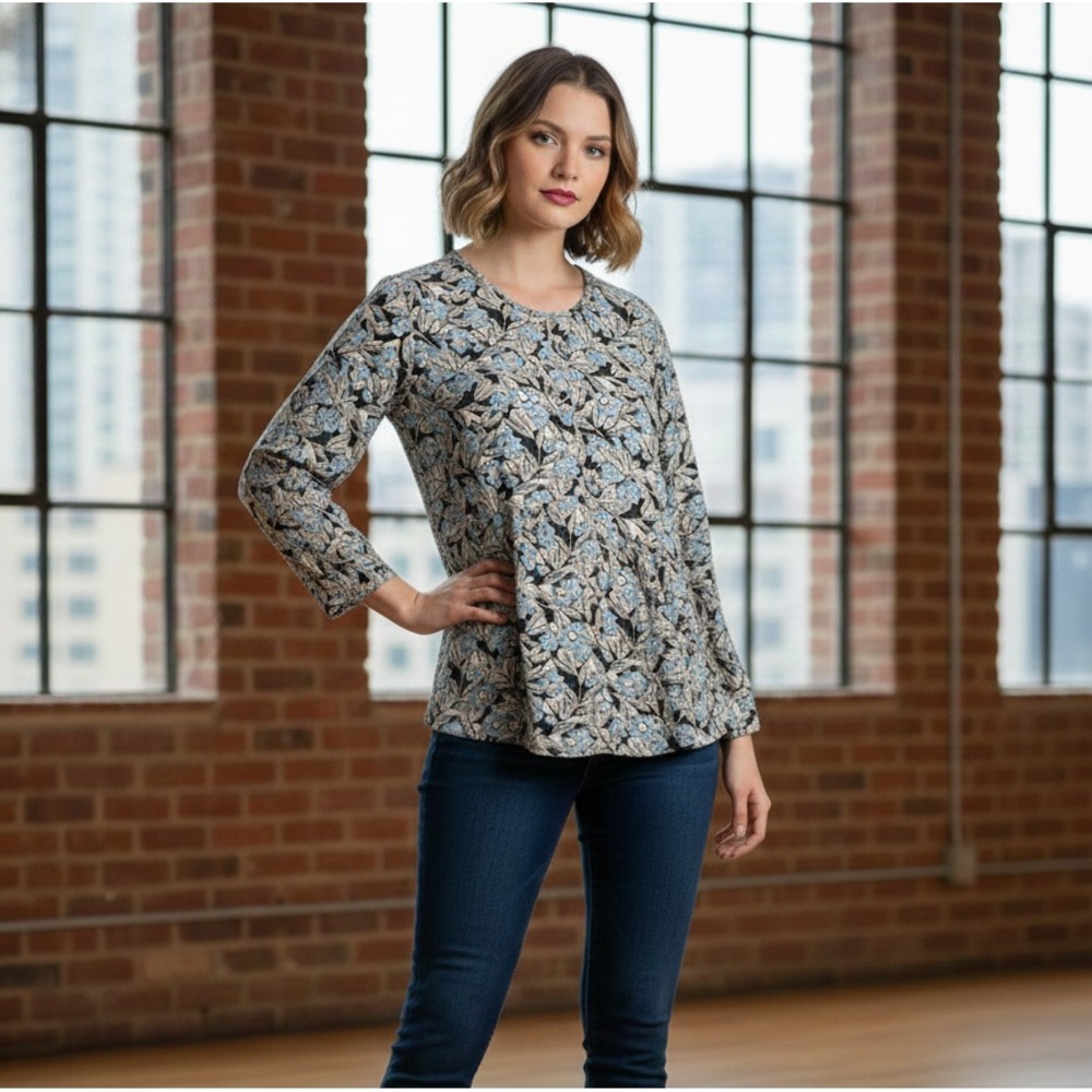 Rebecca Taylor Women's 2 Jewel Neckline 3/4 Sleeve Floral Pattern Silk Blouse